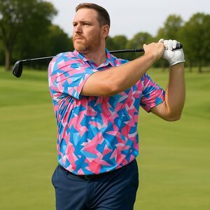 Pins & Aces Men’s Golf Polo XXL Pink Blue Geometric Performance Stretch Shirt